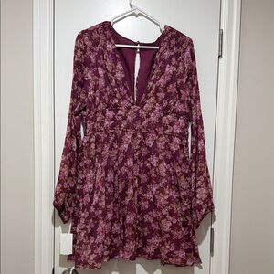 Free People Burgundy Floral Long Sleeve Mini Dress